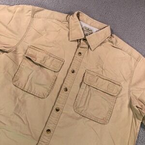 LL Bean Shirt Men Large Khaki Vented Fishing Safari Angler Utility Canvas Pocket